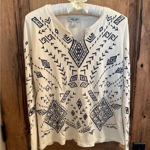 Lucky Lotus Black and White Embroidered Long Sleeve Top